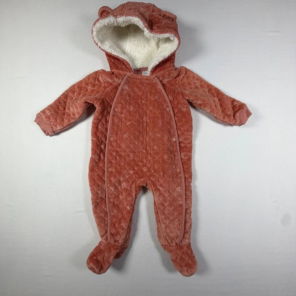 Nordstrom Quilted Velvet Bunting Hooded Bear Ears Baby 9 Months Rose Excellent